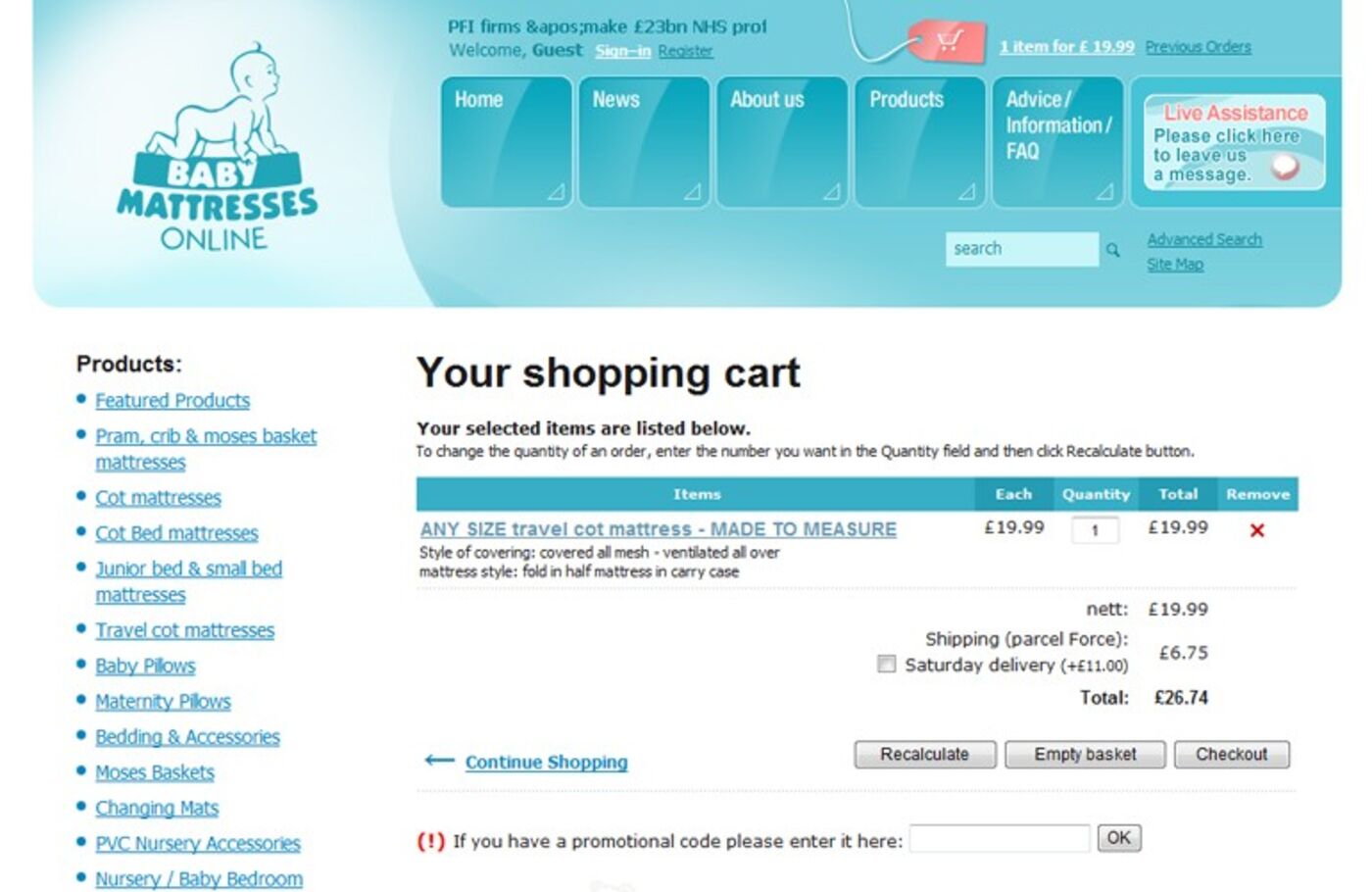 Baby Mattresses Online (2006) Shopping basket