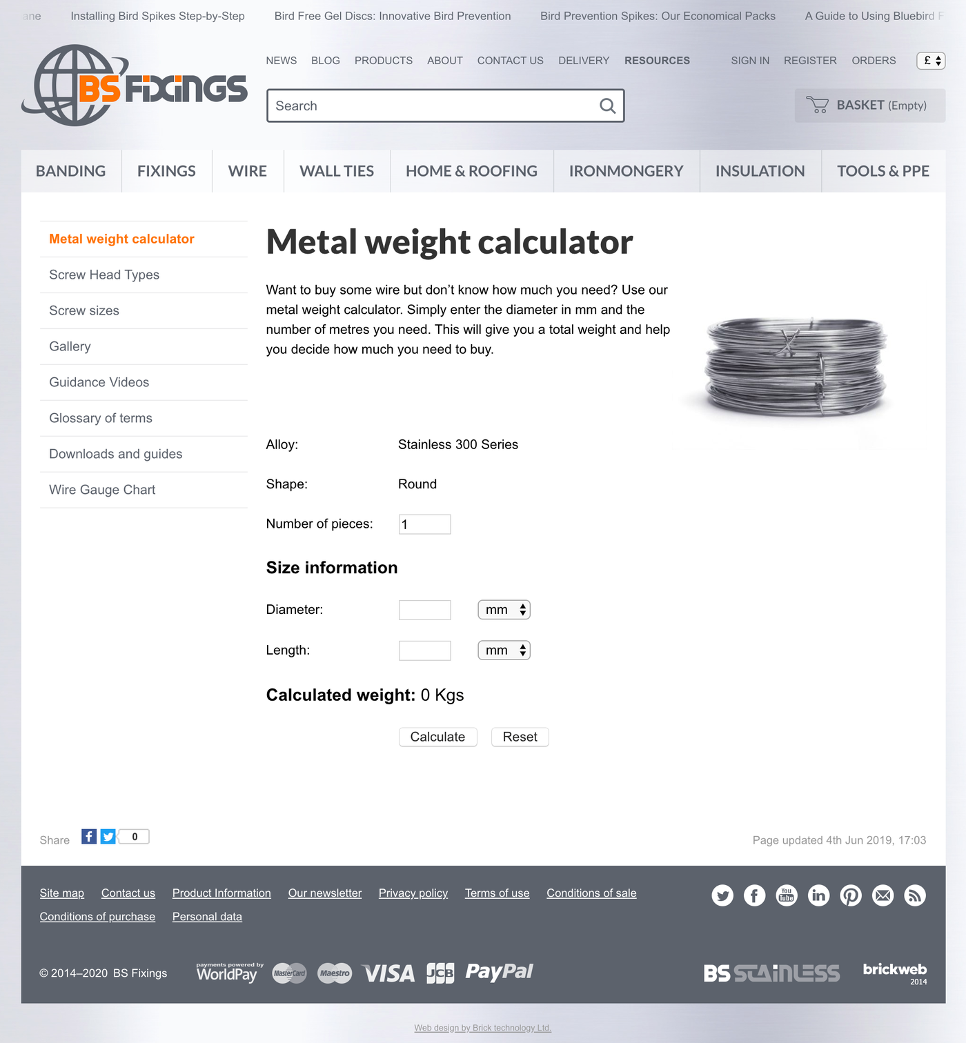 BS Fixings Metal weight calculator