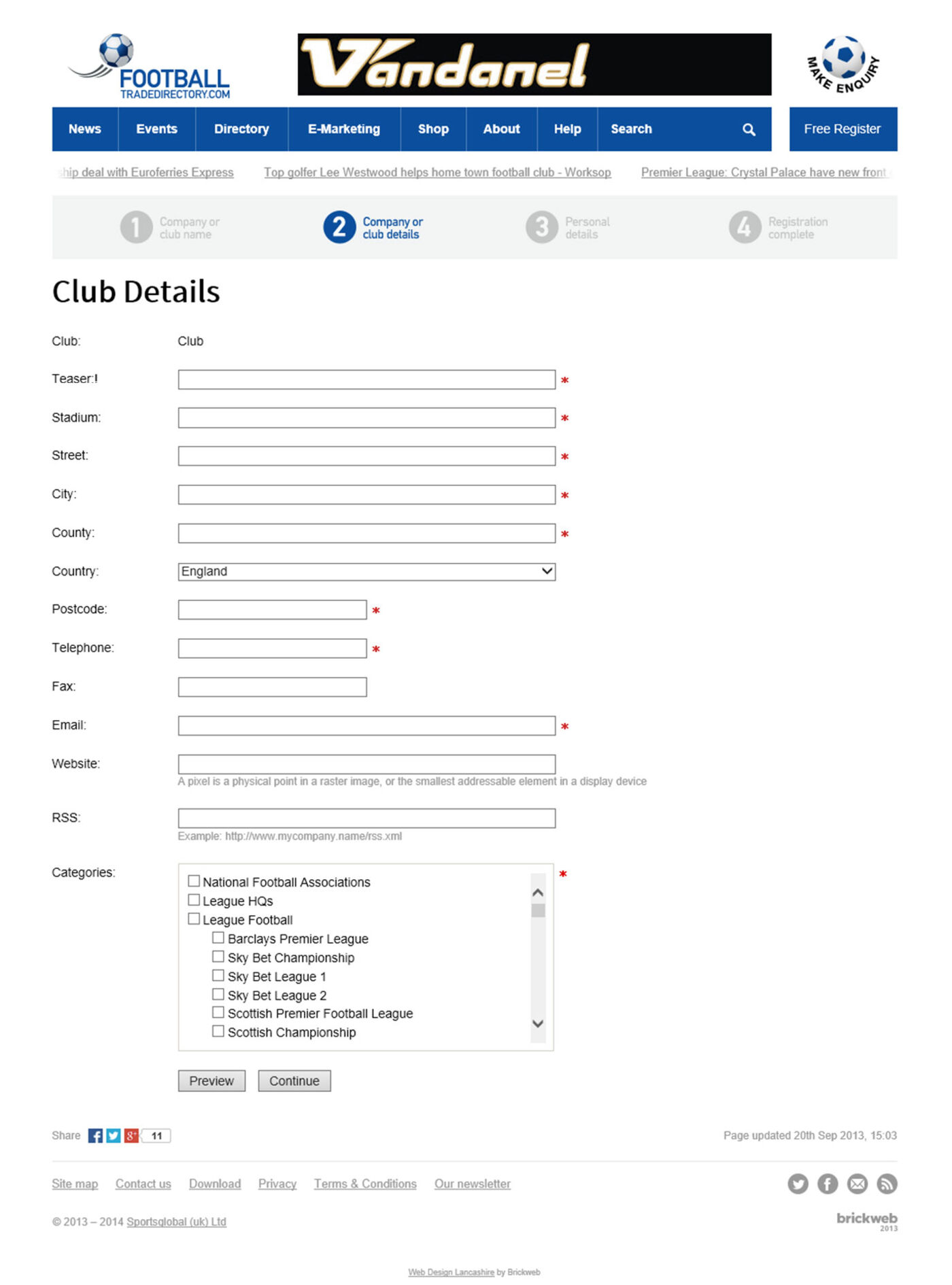 Football Trade Directory (2014) Register form