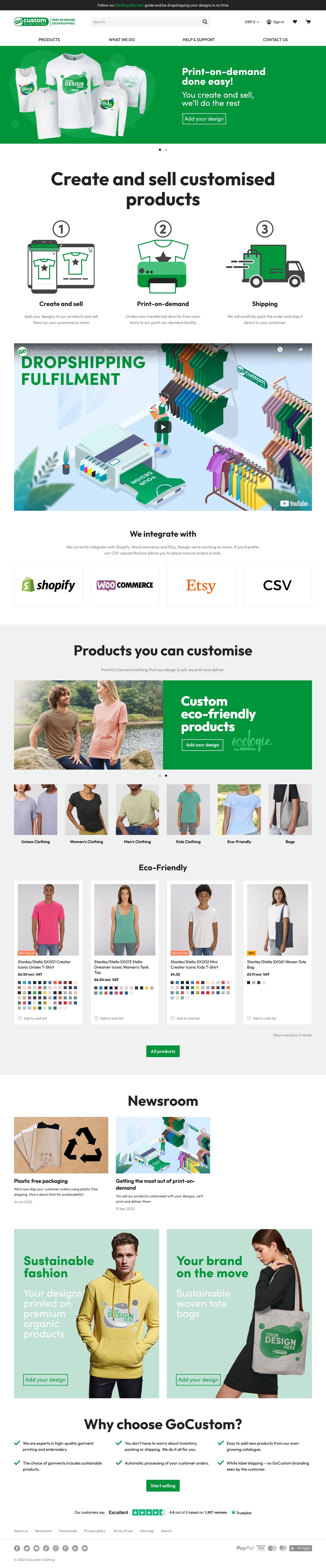 GoCustom Clothing Print-On-Demand Dropshipping Home page