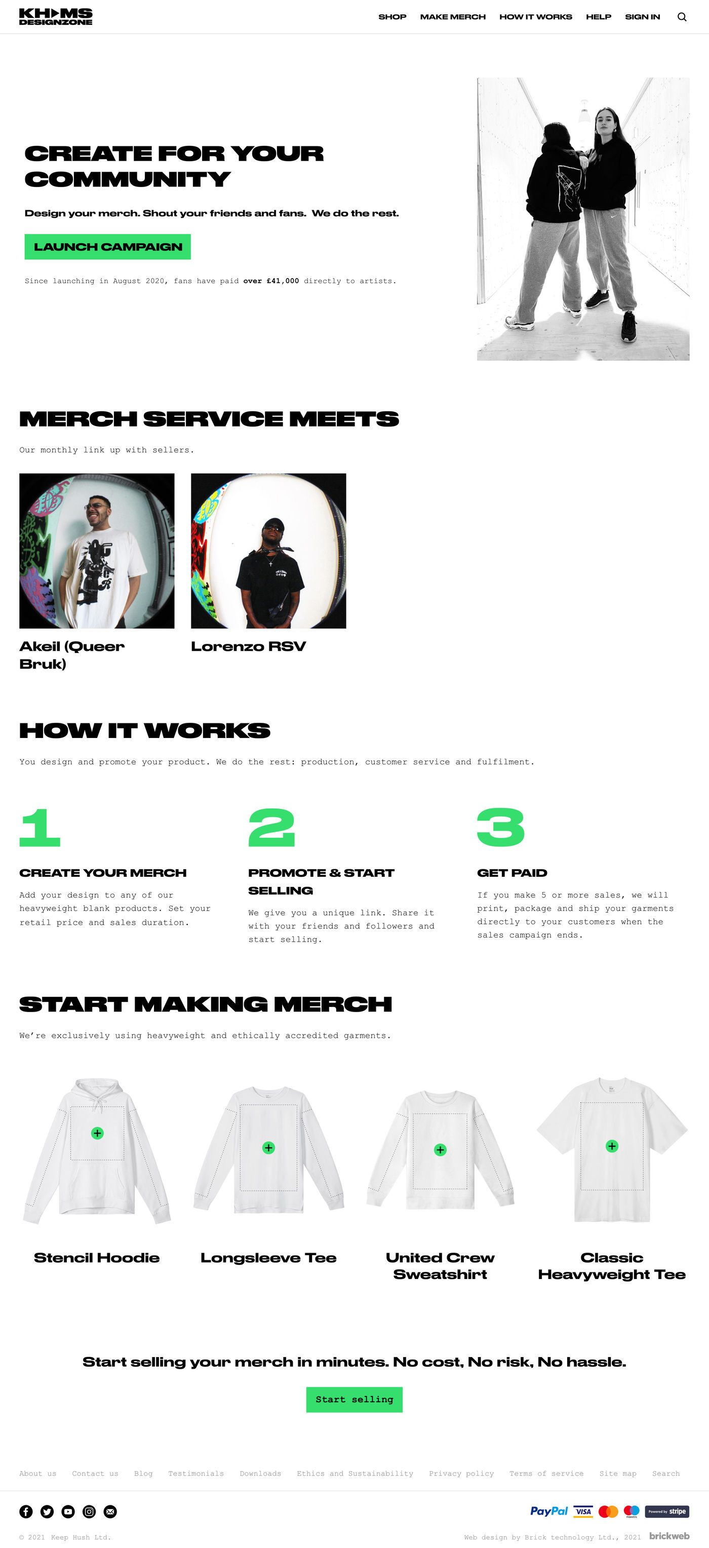 Keep Hush Merch Service DesignZone Home page