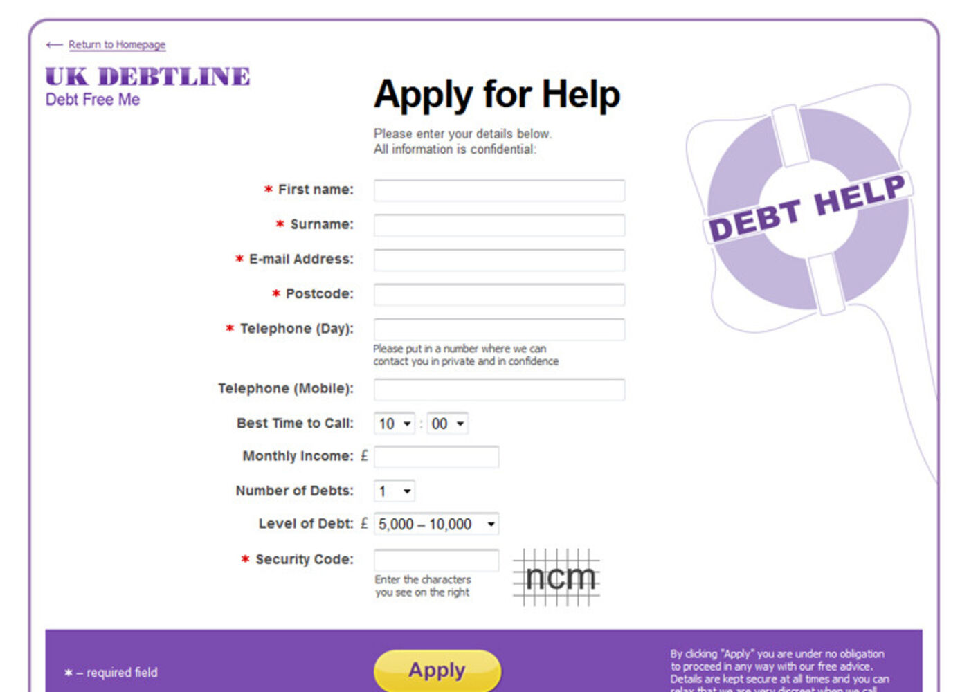 UK Debtline Apply for Help
